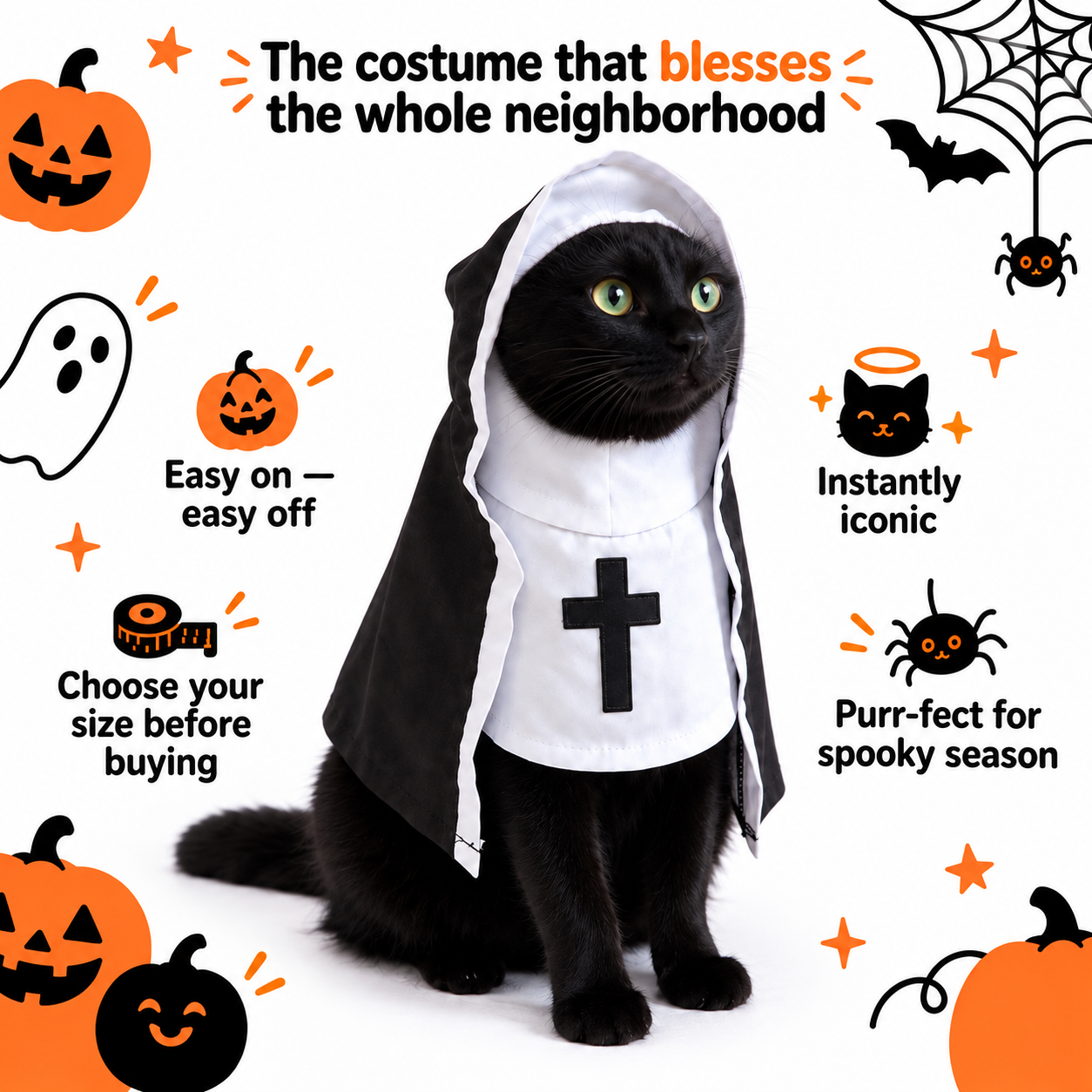 Spooky Snouts™ Nun Pet Costume | Cat Halloween Outfit - Multiple Sizes
