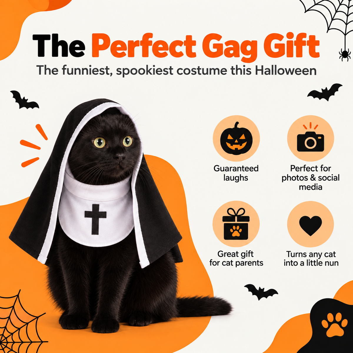 Spooky Snouts™ Nun Pet Costume | Cat Halloween Outfit - Multiple Sizes